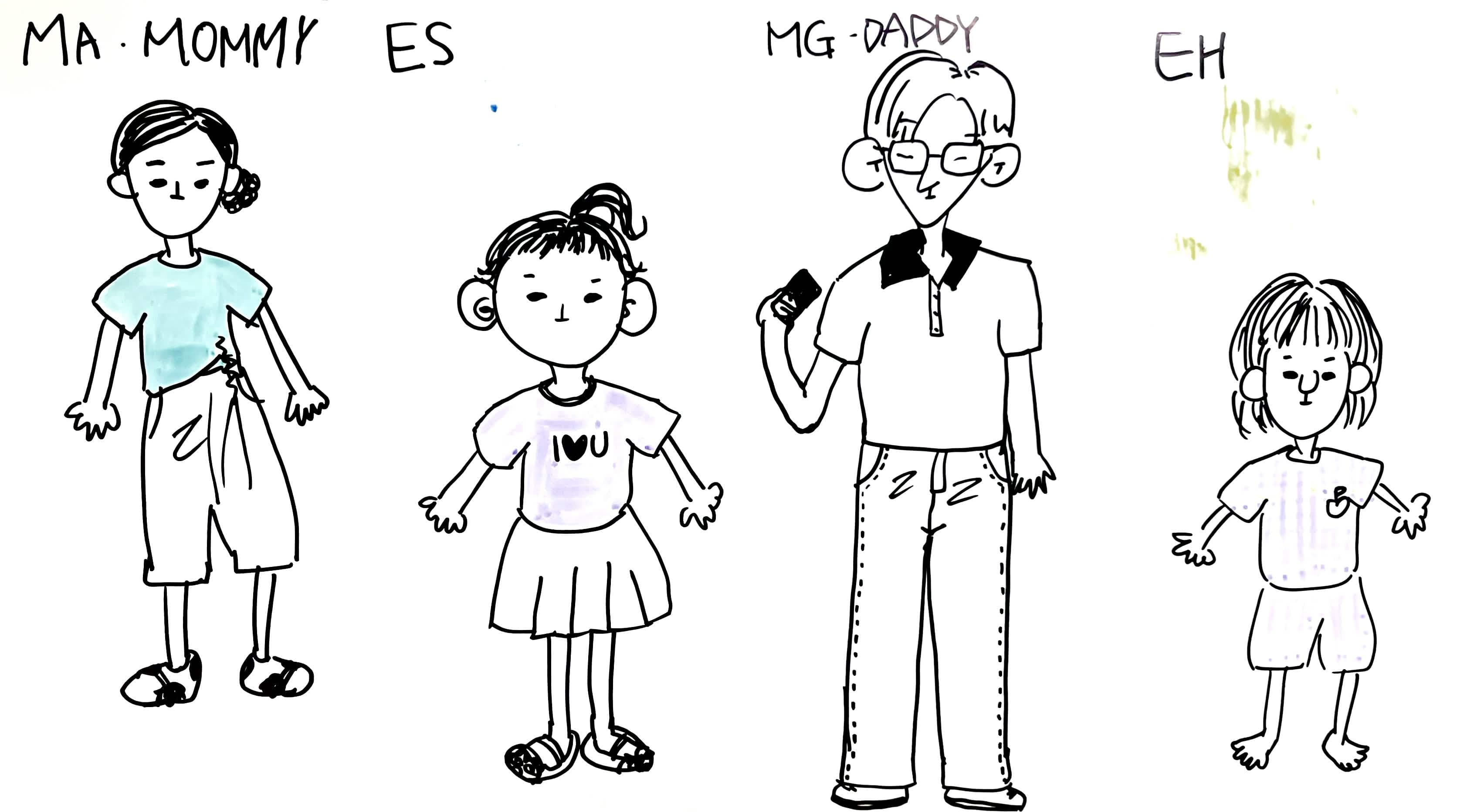 가족 네 명을 그린 펜 선화 — 엄마(MOMMY), 딸(하트 티셔츠), 안경 쓴 아빠(DADDY), 막내. 일부만 색을 칠함